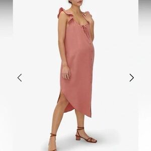 Hatch Jenna Ruffle Button Front Maternity Coral Midi Dress Linen Blend Made USA